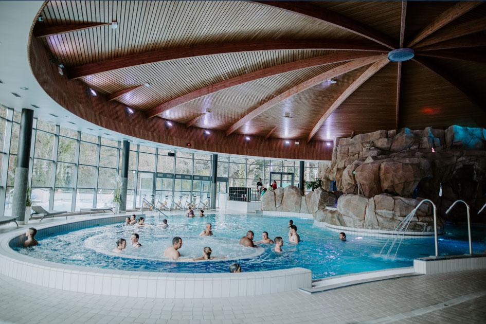 An indoor swimming area features a circular pool with relaxing water, accentuated by a wooden ceiling with a star-like design. Natural light floods in through large glass windows, showcasing a natural stone wall. Guests enjoy the water in a spacious and inviting environment.