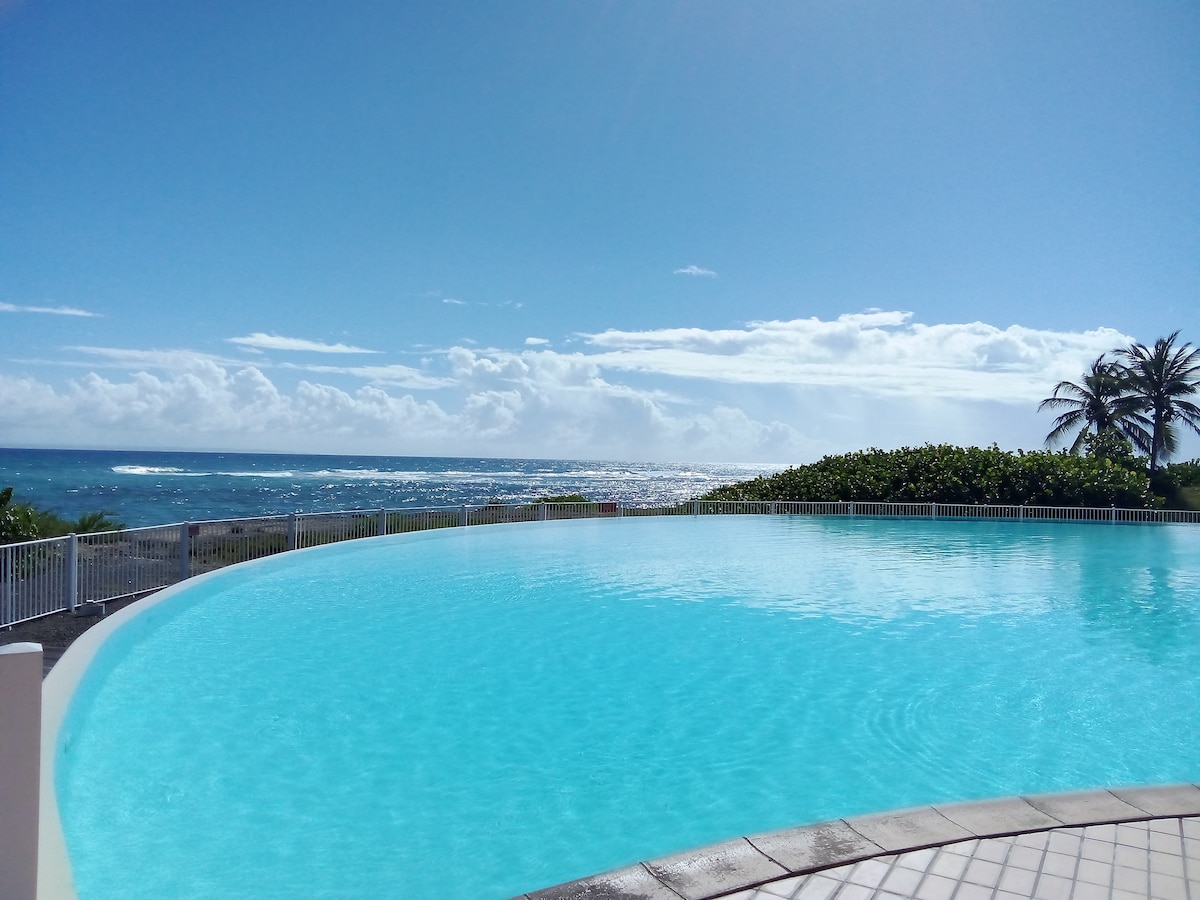 An expansive infinity pool reflects the clear blue sky and shimmers in the sunlight. The ocean can be seen in the background, bordered by lush greenery and palm trees, creating a serene backdrop for relaxation.