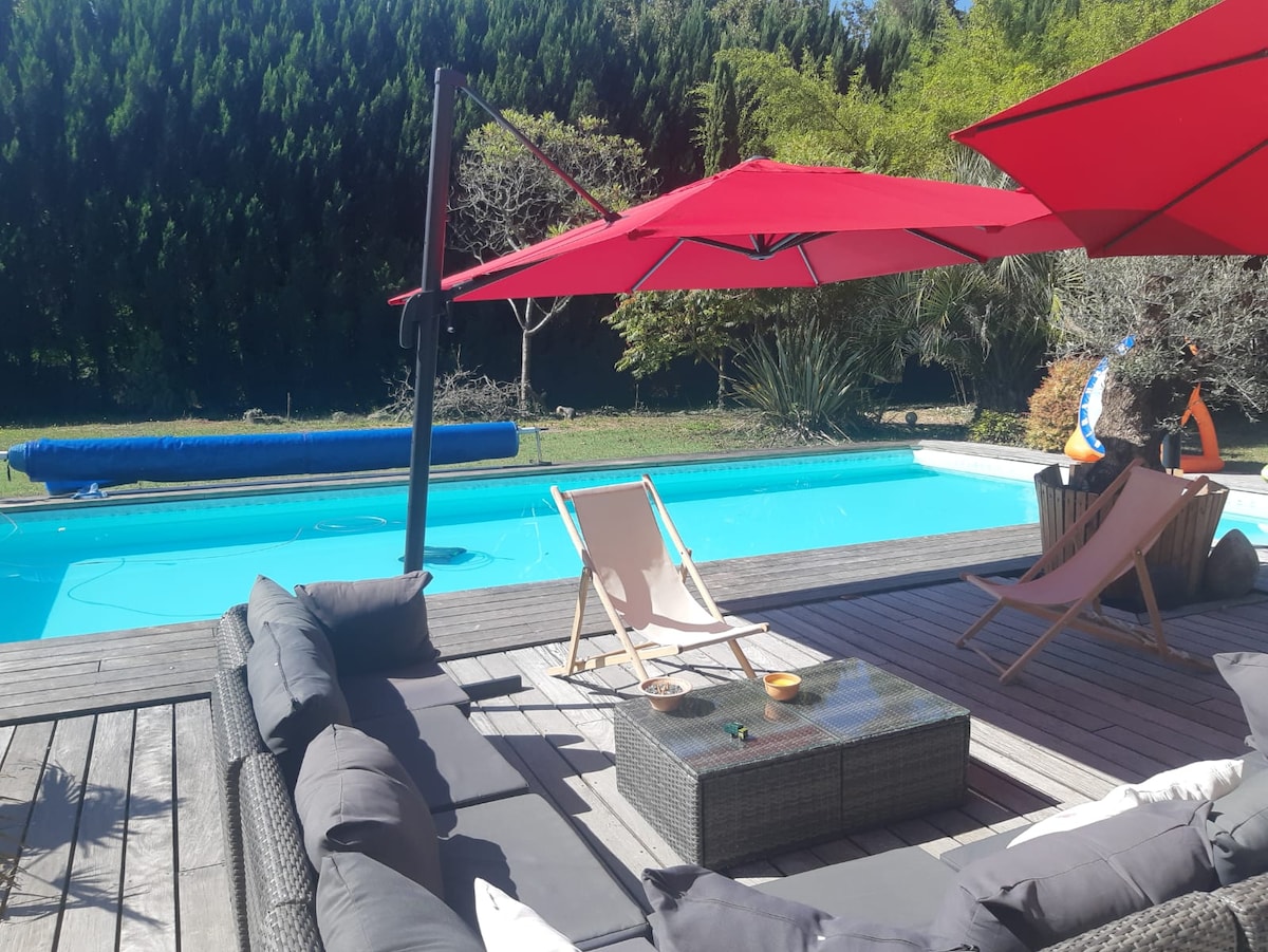 An outdoor space showcases a large swimming pool surrounded by wooden decking. A shaded seating area features comfortable lounge furniture and colorful umbrellas. Lush greenery is visible in the background, contributing to a serene outdoor setting.