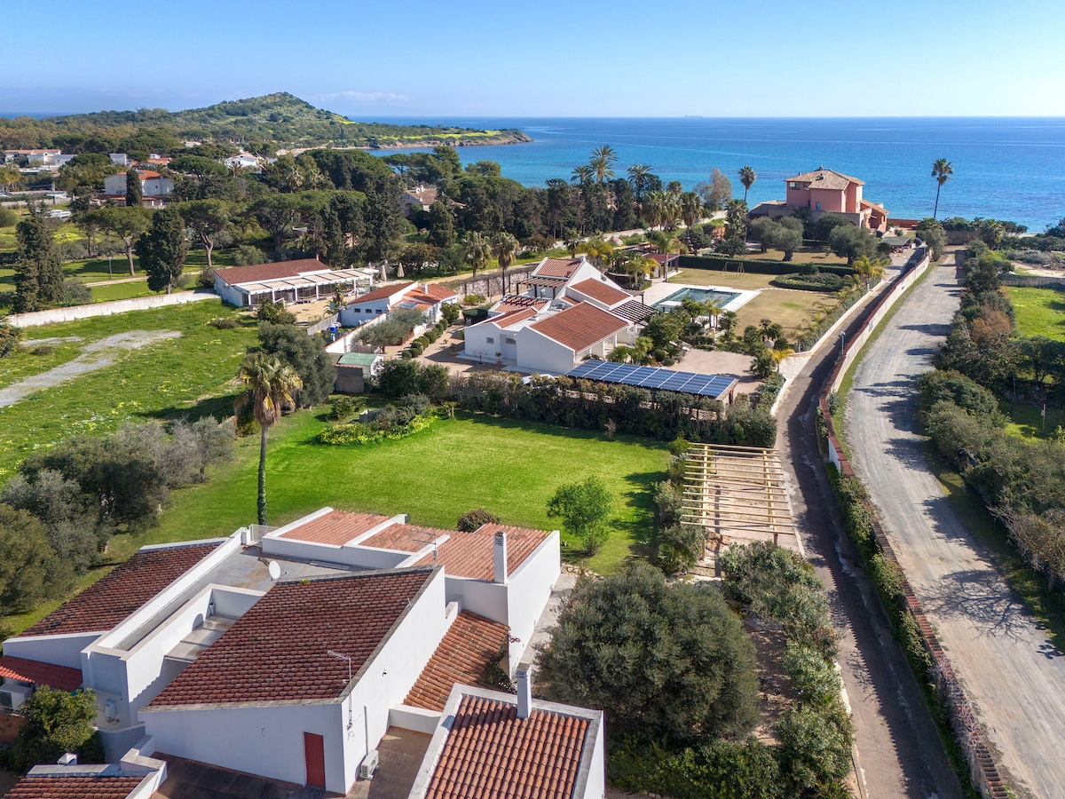 Aerial view of a luxurious villa surrounded by lush greenery and close to the coastline. Spacious gardens are visible, alongside a private driveway leading towards the sparkling sea. The area features well-maintained landscaping, enhancing the serene seaside environment.