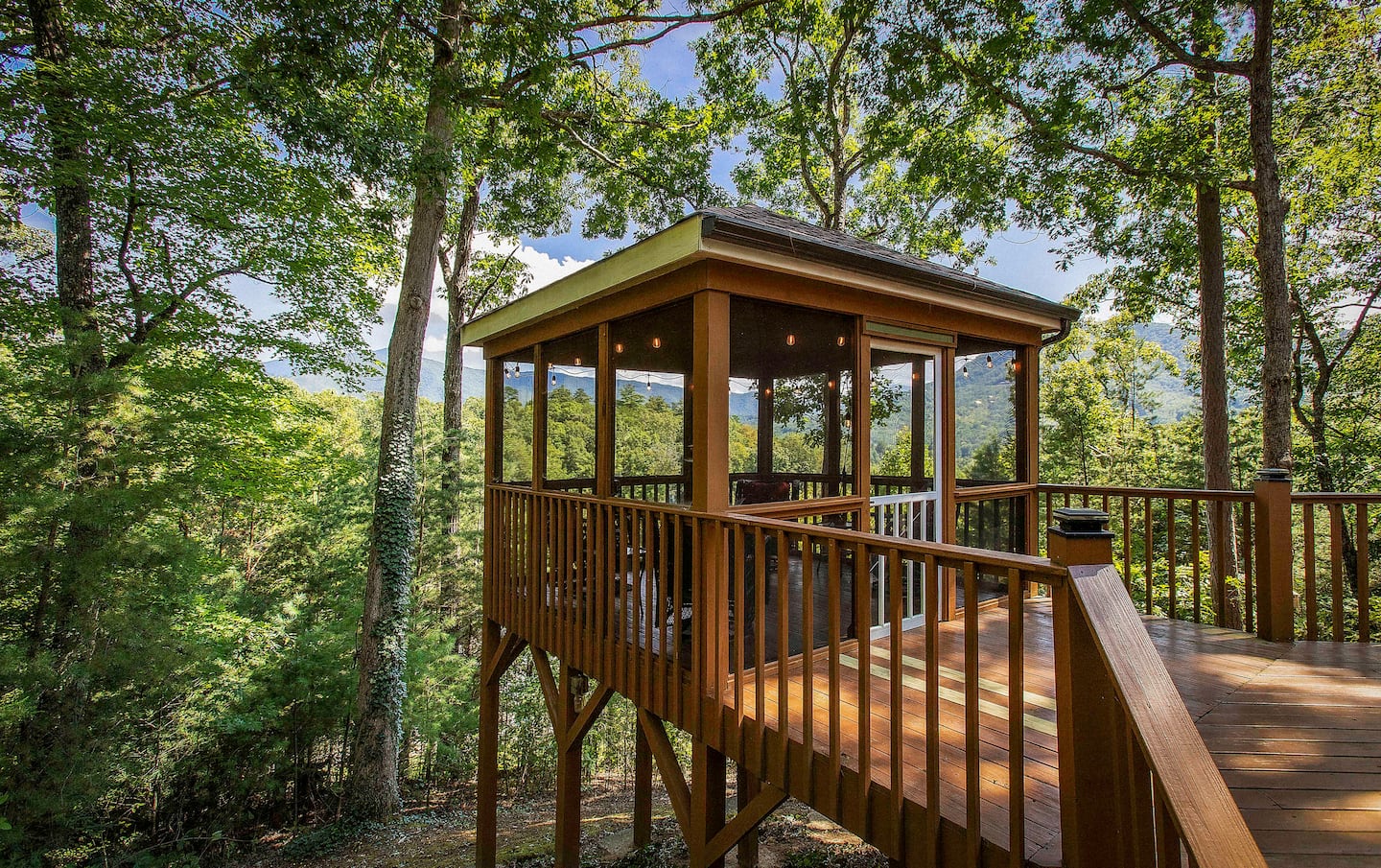 Screened porch overlooking the forest canopy at The Woodland Respite