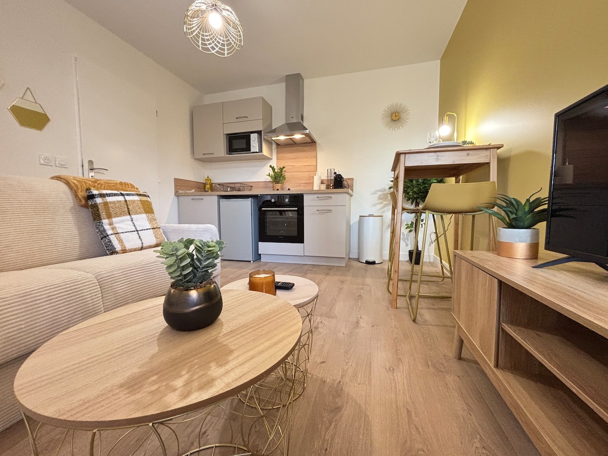 A modern studio space features a comfortable sofa adorned with a decorative throw. The well-equipped kitchen showcases an oven and stovetop, complemented by a dining area with two bar stools. A wooden coffee table and stylish decor add warmth to this inviting living area.