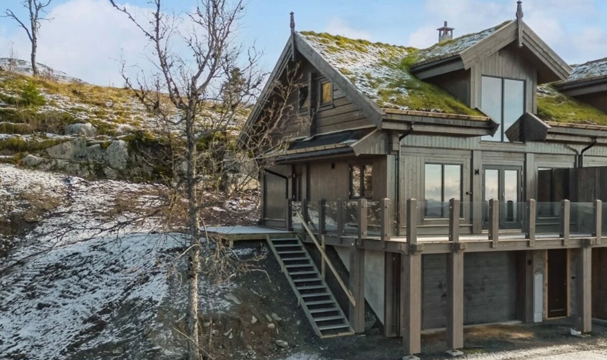 A modern cabin features a unique green roof and large windows that provide views of the surrounding landscape. A wooden deck spans the exterior, with stairs leading down to the ground. Snow patches are visible, hinting at a serene mountain environment.