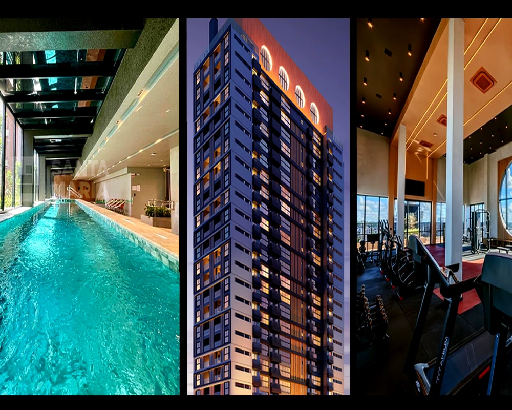 An indoor pool is displayed, featuring a long, rectangular design with clear water reflecting overhead lights. Visible plants alongside the pool contribute to a serene ambiance. A modern building exterior is shown, showcasing a façade with large windows and unique architectural details. An interior fitness center area features various exercise equipment and ample natural light, complemented by a contemporary ceiling design.