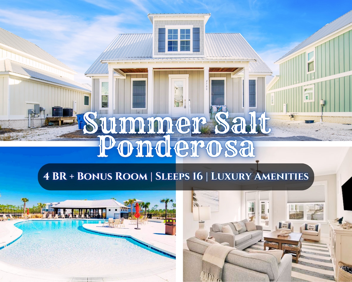 The exterior of a modern coastal home displays a light-colored façade and a welcoming porch under a blue sky. In the foreground, a resort-style pool with lounge chairs invites relaxation, while a tastefully decorated living area features comfortable seating and large windows, ensuring natural light fills the space.