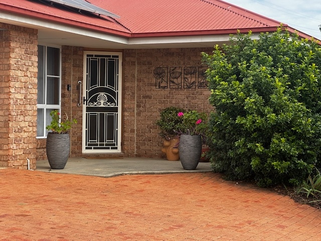 The entrance features a covered porch with a decorative security screen door. Potted plants are positioned on either side of the entryway, while a textured brick facade and a red-roof design create a welcoming feel. The driveway consists of a patterned brick surface.