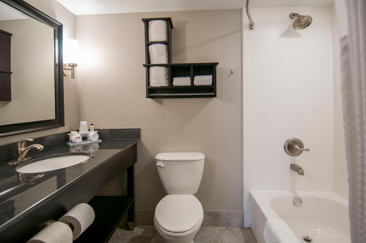 A clean and functional bathroom is presented with a toilet, a sink with a dark granite countertop, and a bathtub with a showerhead. Towels are neatly arranged on a shelf above the toilet, and toiletries are positioned on the counter for convenience.