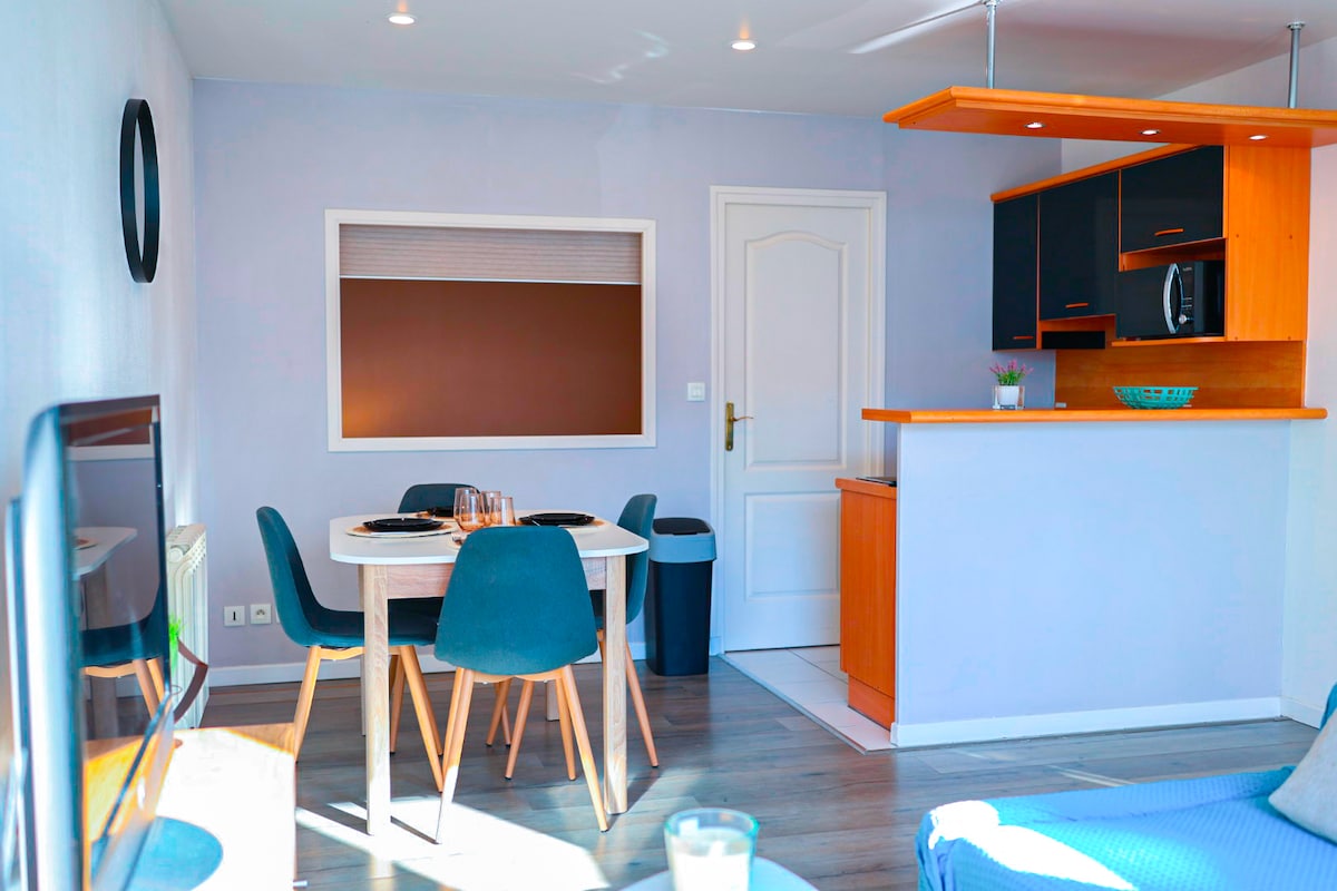 A cozy living space features a dining table with four chairs and a kitchenette with modern appliances. A television is positioned near a comfortable seating area with a blue sofa. Light from large windows enhances the cheerful ambiance of the room.
