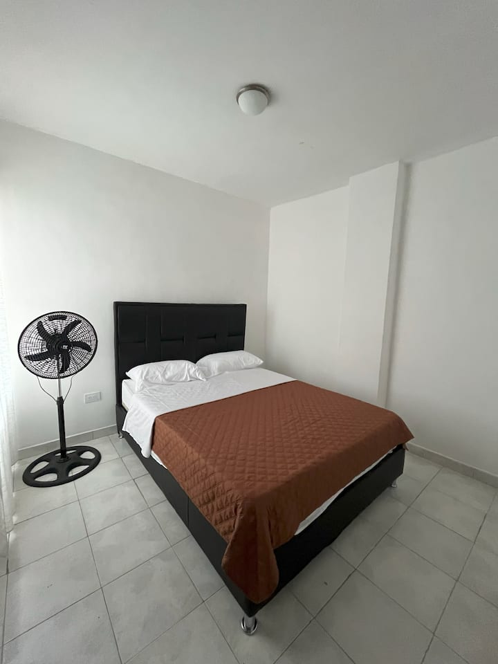 Ოთახი სრულიად ახალი ავეჯითა და მოპირკეთებით, დედოფლის ზომის საწოლითა და ვენტილატორით. 