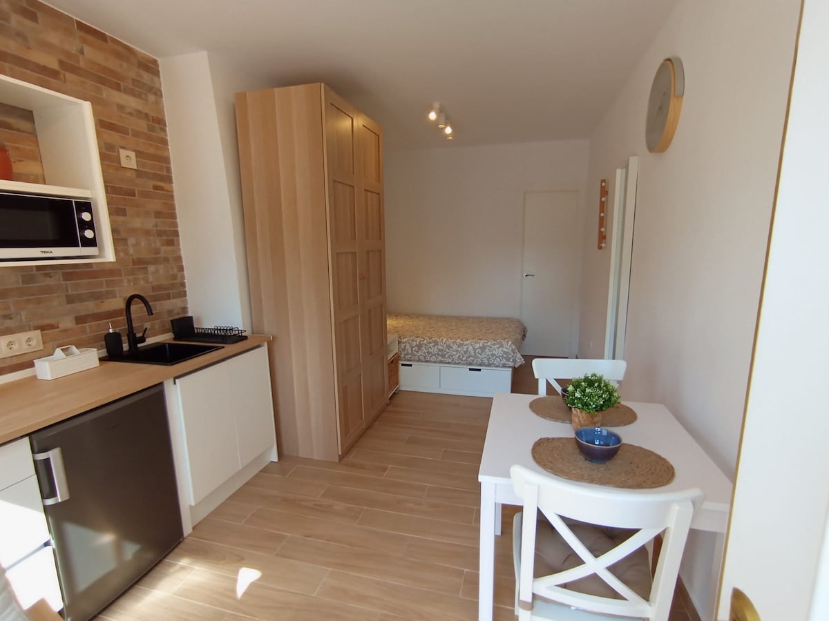 A compact studio features a well-equipped kitchen including a microwave and a refrigerator. A dining table with two chairs is positioned for meals. A spacious bed with neutral bedding is located in the adjacent area. Light wood accents and a brick wall add a subtle texture.