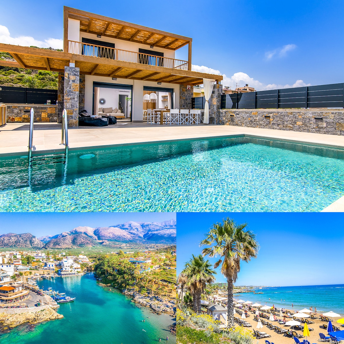 A modern villa features a spacious outdoor area with a private heated pool, surrounded by a sun terrace. The upper balcony offers views of the surrounding landscape. In the background, vibrant blue waters and beach areas are visible, showcasing the coastal charm of Sisi village.