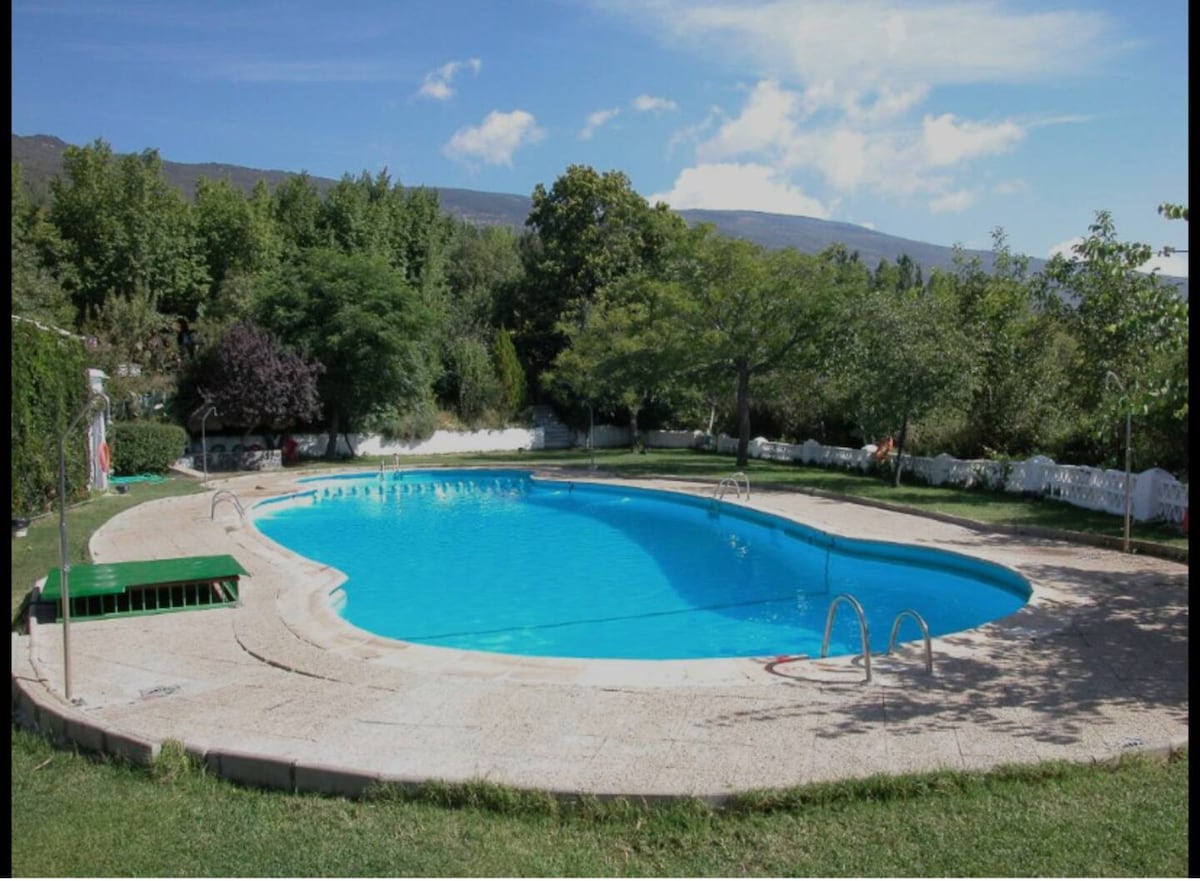 A large swimming pool is surrounded by a spacious lawn, featuring clean water under a clear blue sky. Lush greenery and trees provide a natural backdrop, creating a serene setting. The pool area includes steps leading into the water, offering convenient access for guests.