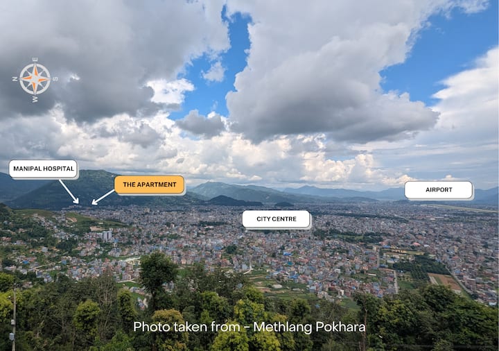 This photo give you a rough idea of where the apartment is incontext of Pokhara. The Annapurna Ranges are on the North. You can see the Airport on the far right. The photo is taken from Methlang, Pokhara. Thats where the Pipal Tree Mountain Villa is.