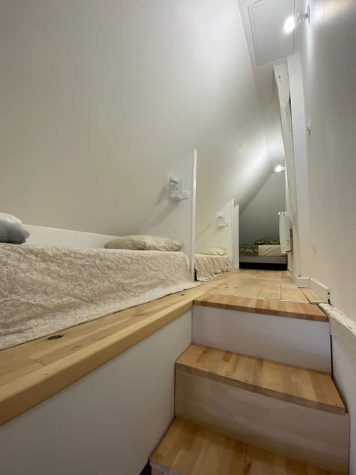 Zona de noche en altillo con 2 camas individuales y 1 cama de 140. Perfecto para adolescentes jóvenes. Acceso a la entreplanta no apto para niños menores de 6 años. Escalera con escalones estrechos.
Luchon, Pirineos, termas, centro de la ciudad. Apartamento familiar, acogedor, renovado
Wifi, esquí