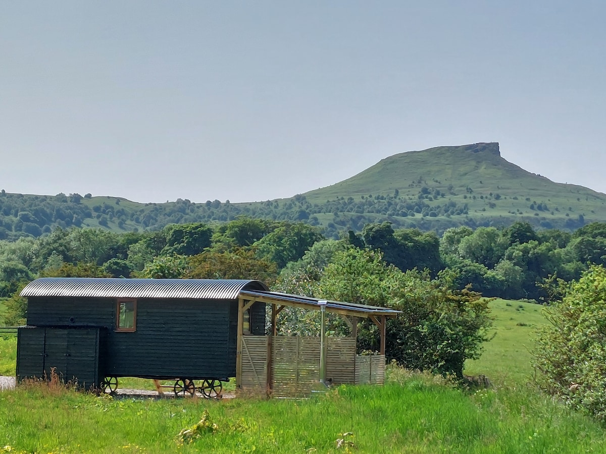 A traditional Shepherd's hut with a wooden exterior is nestled in a green field, featuring a covered patio area. In the background, the prominent hill of Roseberry Topping rises above the surrounding countryside, set against a clear blue sky.