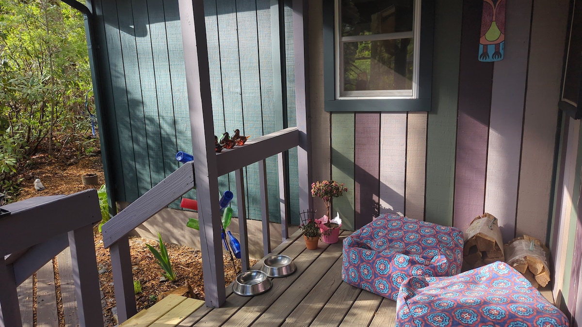 A welcoming porch is highlighted by colorful patterned cushions and food bowls, with a small potted plant adding a natural touch. The pastel shaded cabin walls create a charming backdrop, while lush greenery surrounds the area, enhancing the outdoor ambiance.
