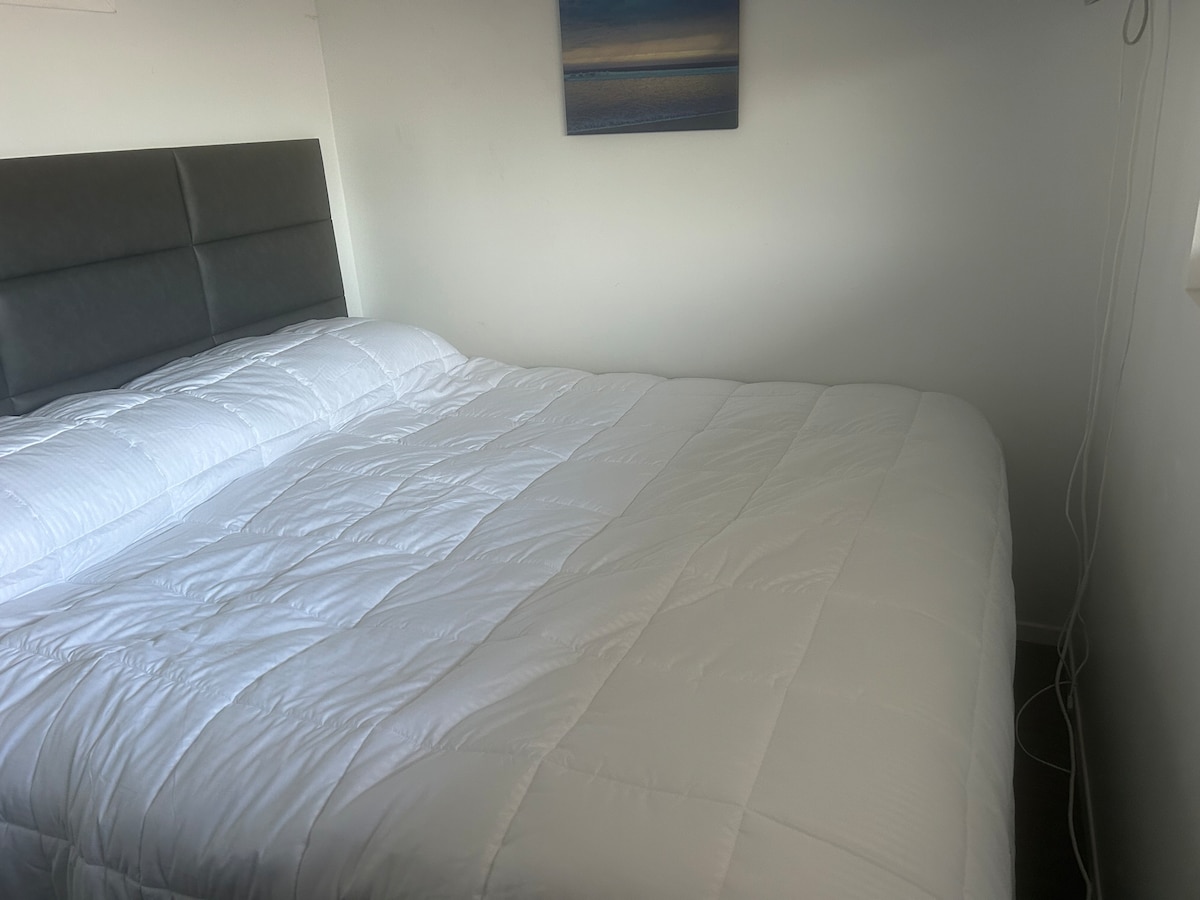 غرفة نوم رئيسية مع مرتبة كينج عضوية.