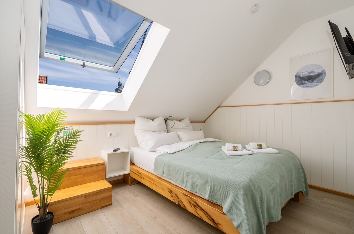 Udoban bračni krevet u klimatiziranoj spavaonici. Naravno, Febnster se može zatamniti.