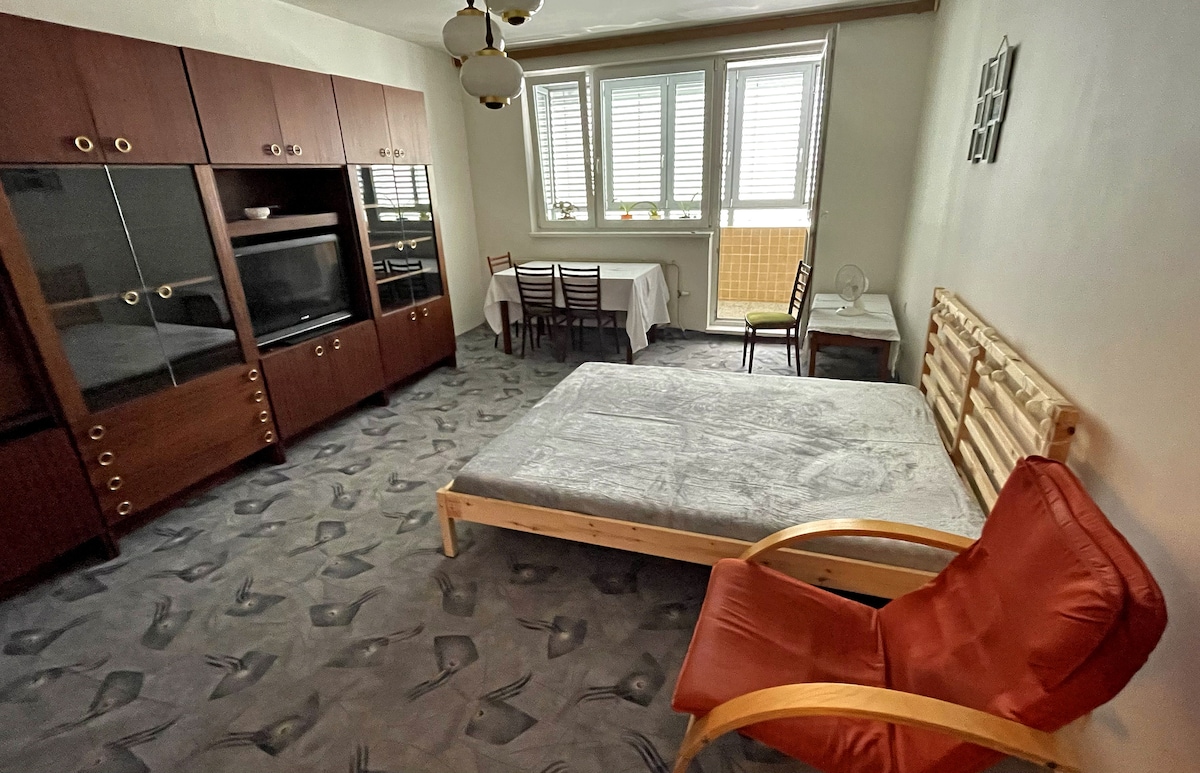 The room features a spacious bed with a minimalist wooden frame. A red armchair is positioned beside the bed. A dining table with chairs is visible in the background, and large windows allow natural light to fill the space, complemented by light-colored walls.