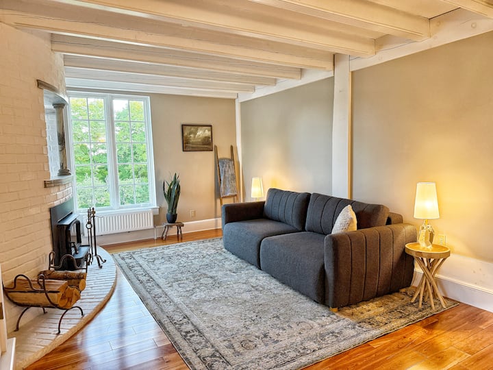 Дневна соба на вториот кат во главната куќа, Blue Haven со кауч за спиење. Овој шпорет на дрва не е достапен за користење од гостите.