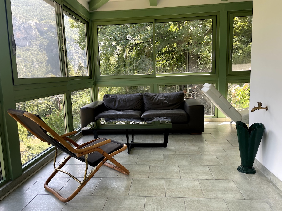 A bright and airy veranda features large windows providing views of the surrounding greenery. A comfortable dark sofa is paired with a sleek glass coffee table. A wooden reclining chair and an ornate green vase add elements of comfort and style to the space.