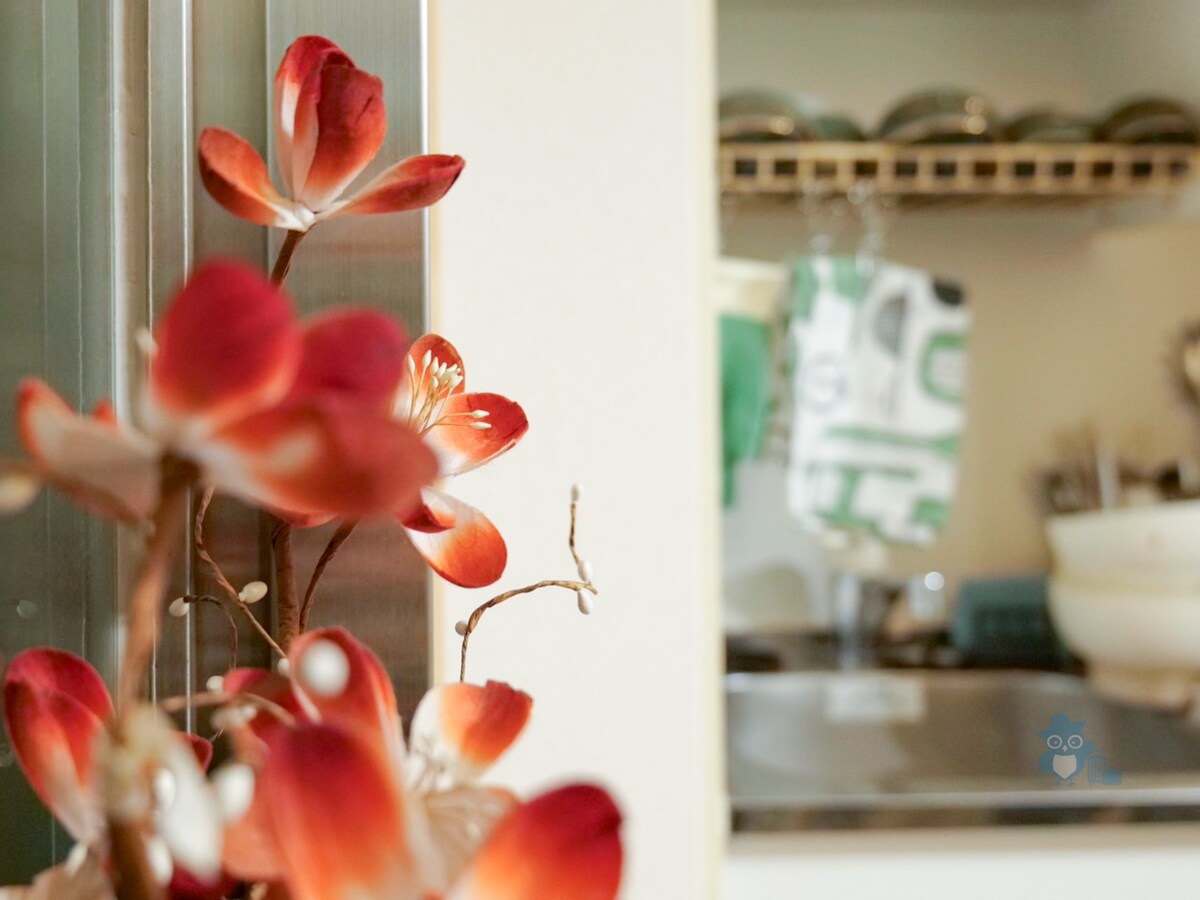 A close-up of vibrant red flowers adds a touch of color in the foreground, while a glimpse of the kitchen area can be seen behind. Neatly organized dishware and a kitchen towel are visible, contributing to a well-maintained environment.
