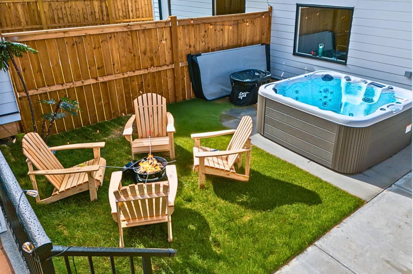 Backyard with private hot tub