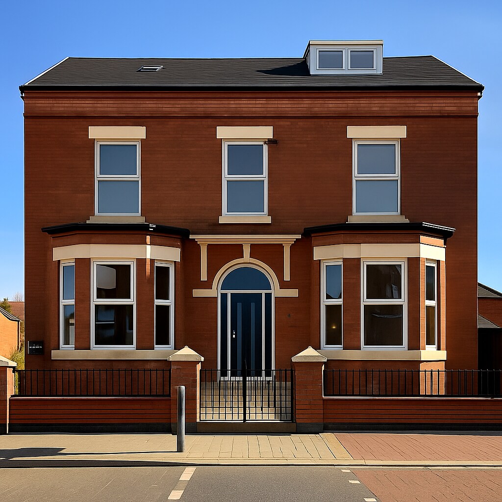 The exterior of a modern brick building is showcased, featuring a symmetrical facade with large windows and a central arched doorway. The building is surrounded by a low wrought-iron fence, with a paved pathway leading to the entrance.