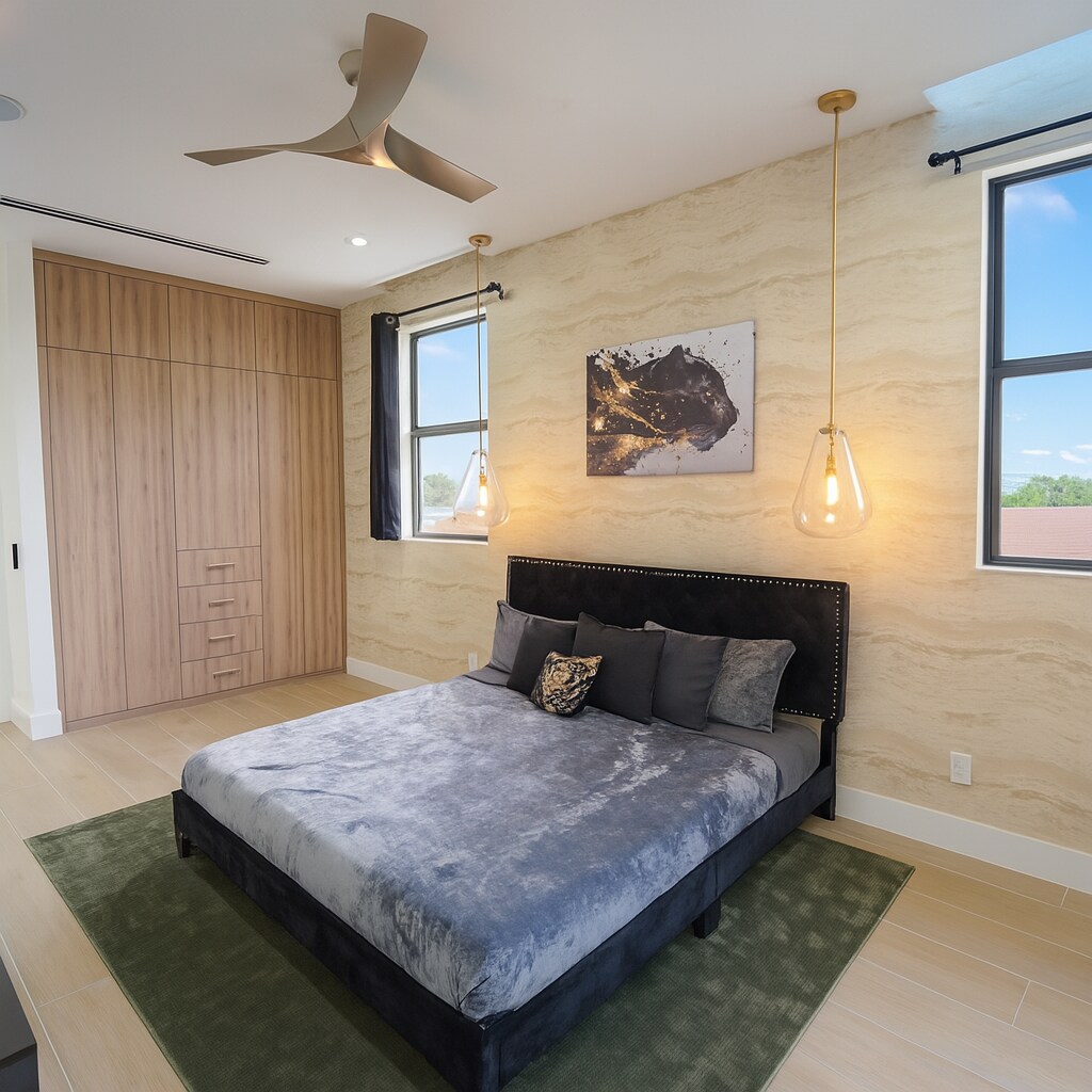 ელეგანტური საძინებელი ხავერდოვანი თეთრეულით, დიზაინერული განათებითა და ინდივიდუალური დიზაინის კარადებით — შექმნილი მოსასვენებლად მაღალი კლასის პირობებში