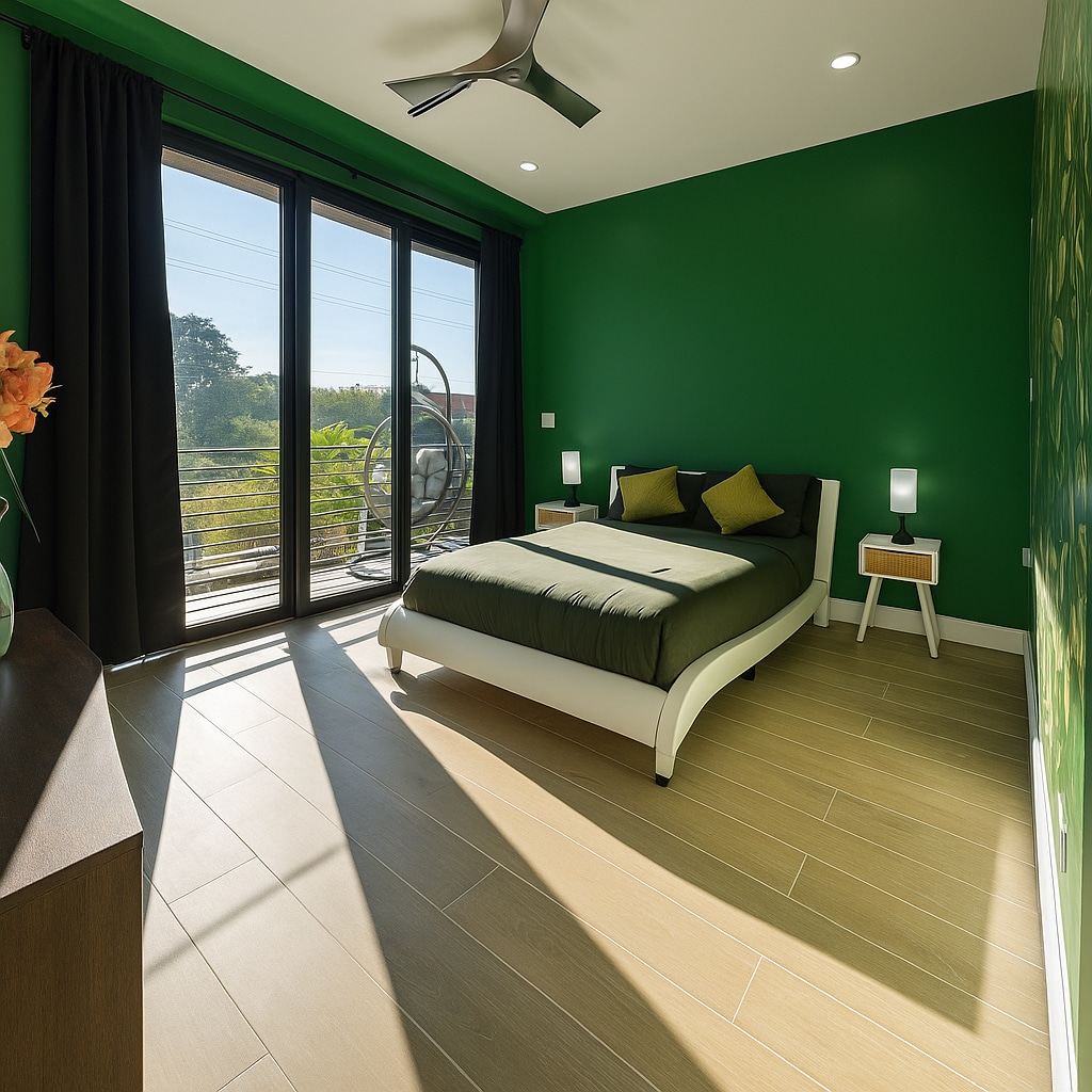 მზიანი საძინებელი, რომელსაც აქვს გამორჩეული მწვანე კედელი და პატიოსთან გასასვლელი — გაიღვიძეთ ბუნებრივ სინათლესა და გამწვანებულ გარემოში