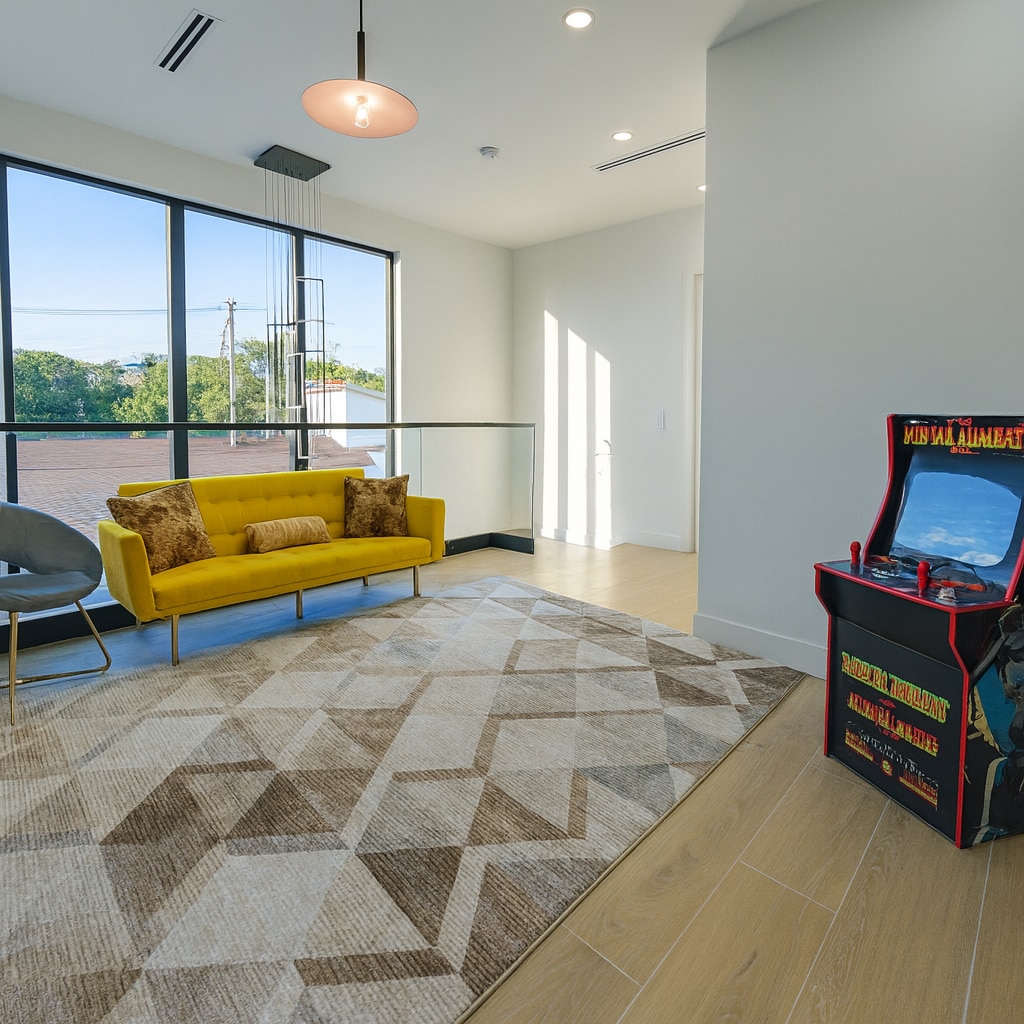 მზიანი მეორადი მისაღები ოთახი დასასვენებელი კუთხით, დიდი ფანჯრებით ბუნებრივი სინათლისთვის, თანამედროვე განათებით, ხალიჩითა და კლასიკური არკადული თამაშით — ეს საცხოვრებელი იდეალურია დასასვენებლად, თამაშისთვისა და განტვირთვისთვის!