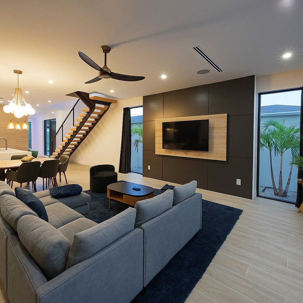 დიდი მისაღები ოთახი, რომელიც იდეალურია თანამედროვე ღია გეგმარებით მისაღები ოთახისთვის, კომფორტული სექციური დასაჯდომი ადგილებით, კედელზე დამონტაჟებული ტელევიზორით, ჭერის ვენტილატორით, სასადილო ზონითა და კიბით — ნათელი, ფართო და განკუთვნილი დასასვენებლად ან ერთად დასასვენებლად