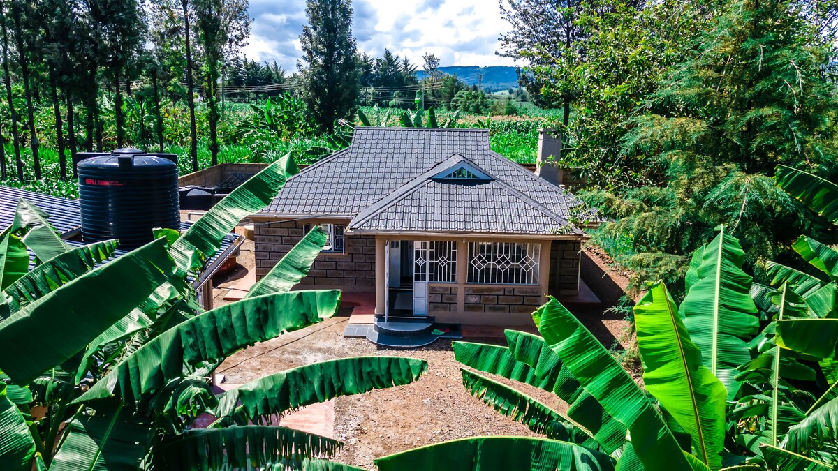 The bungalow is surrounded by lush banana trees, showcasing a charming exterior with a sloped roof. A stone pathway leads to the front entrance, which is adorned with decorative ironwork. Nearby, a water tank is visible, accentuating the rural setting.