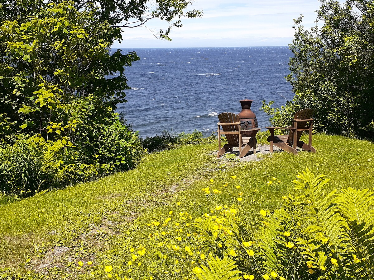 An outdoor seating area consists of two Adirondack chairs positioned near a fire pit. A view of the ocean is visible in the background, with a grassy area adorned with yellow flowers and greenery. The scene conveys a sense of tranquility and nature.