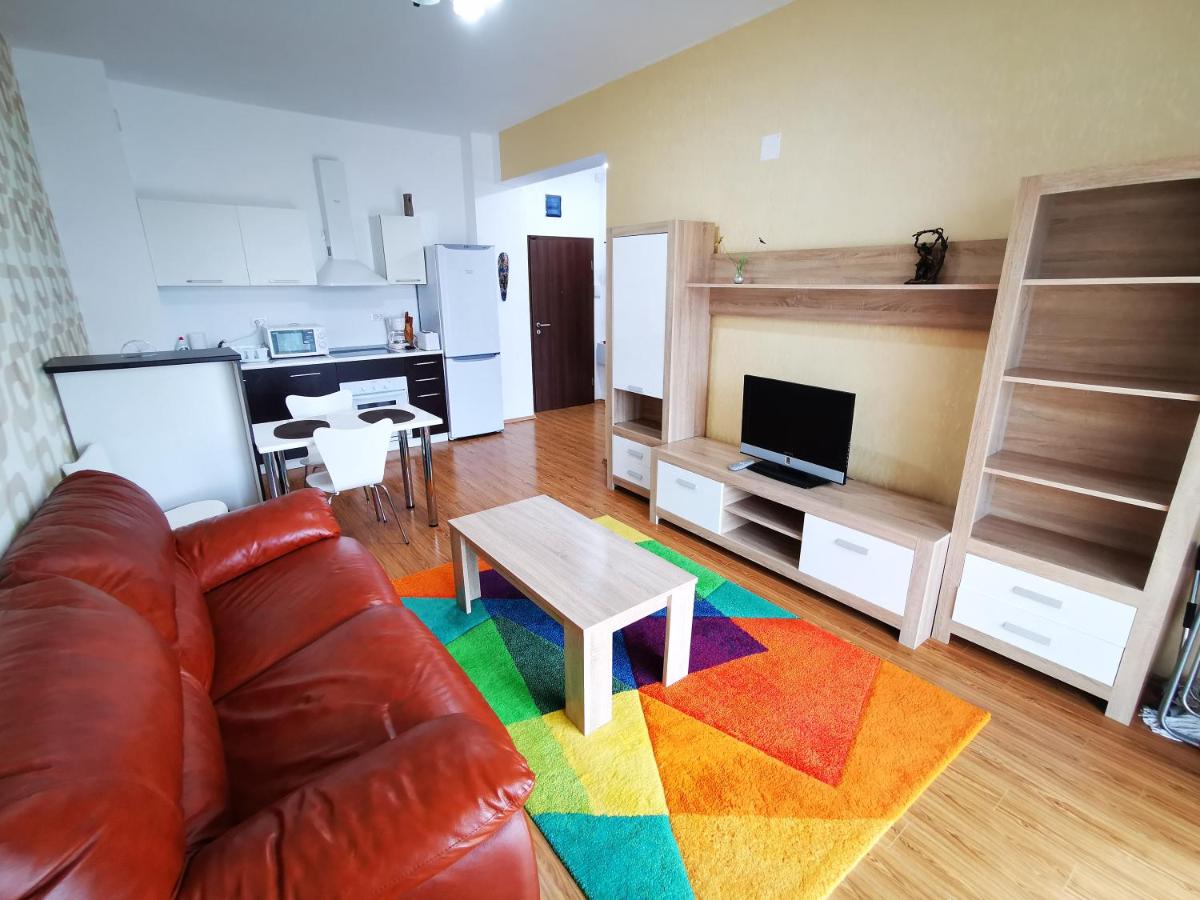 A living area is shown, featuring a large orange sofa, a wooden coffee table, and a flat-screen TV on a low cabinet. A colorful area rug with geometric patterns is placed on the floor. A dining table with chairs is visible in the background, alongside a fully equipped kitchen.