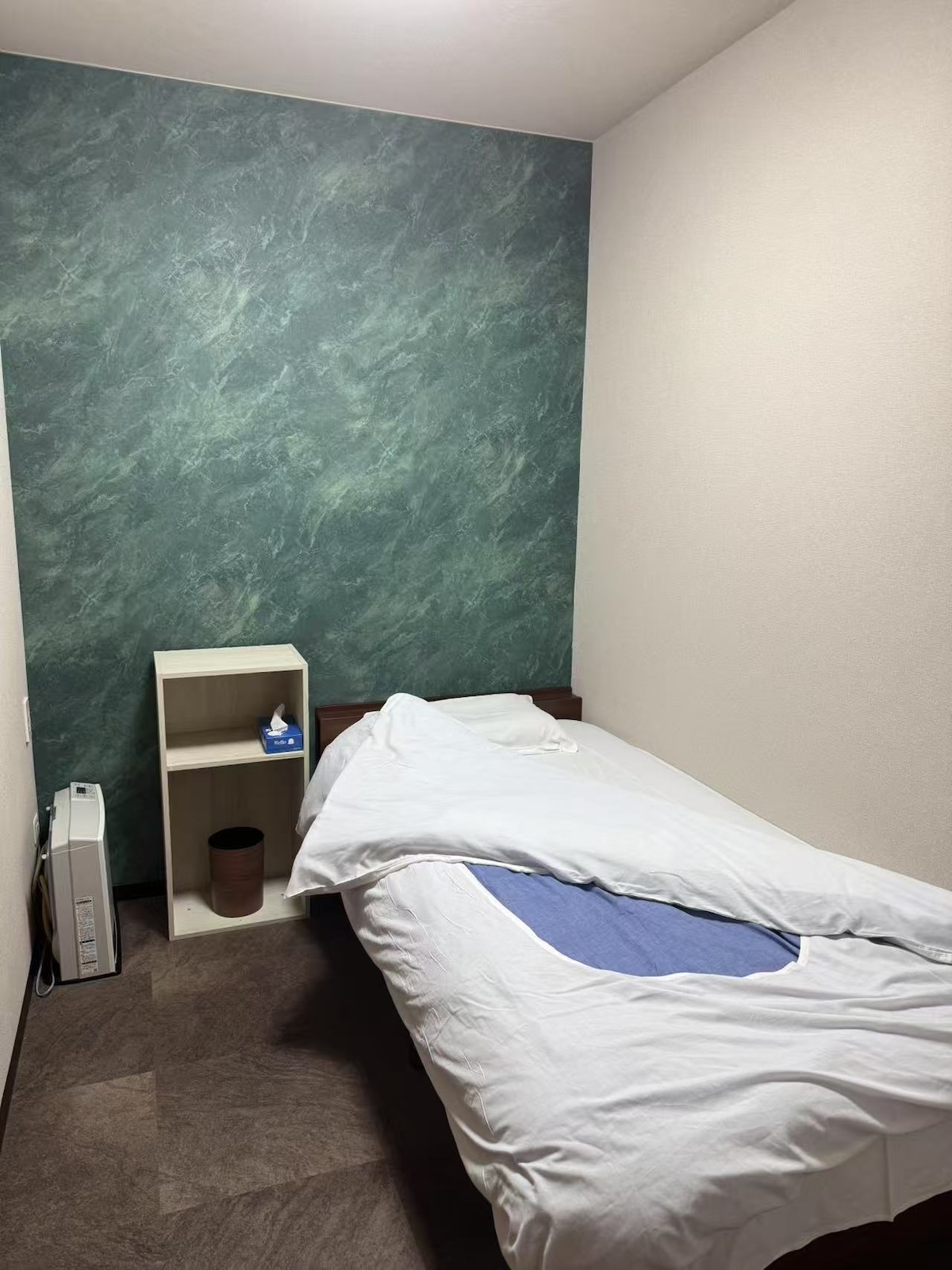 A cozy room features a spacious bed with a soft blanket, partially unmade. A wooden bedside table sits next to the bed, holding a small cup and a tissue box. The green accent wall adds a touch of color to the otherwise neutral space.