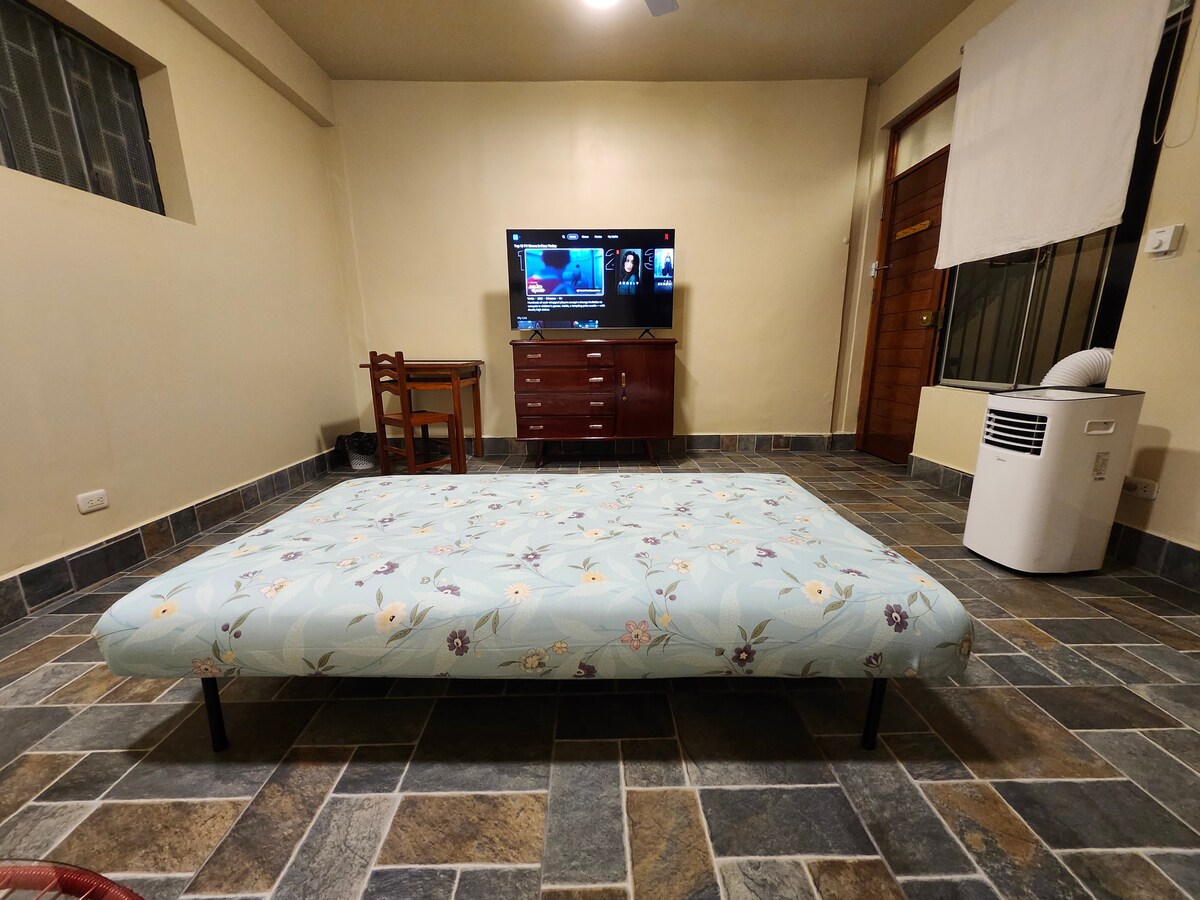 A spacious room features a low bed dressed in a floral-patterned cover. A TV is mounted on the wall opposite the bed. A wooden chair and a dark wooden dresser are positioned nearby. A portable air conditioner and a door leading outside are visible in the background.