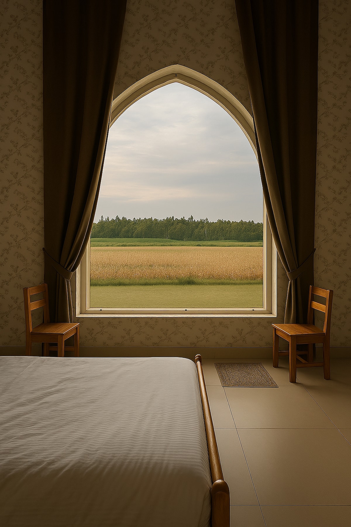 A spacious bedroom features a large arched window framed by dark curtains. Two wooden chairs are positioned beside the window, offering views of a serene landscape with open fields under a soft sky.