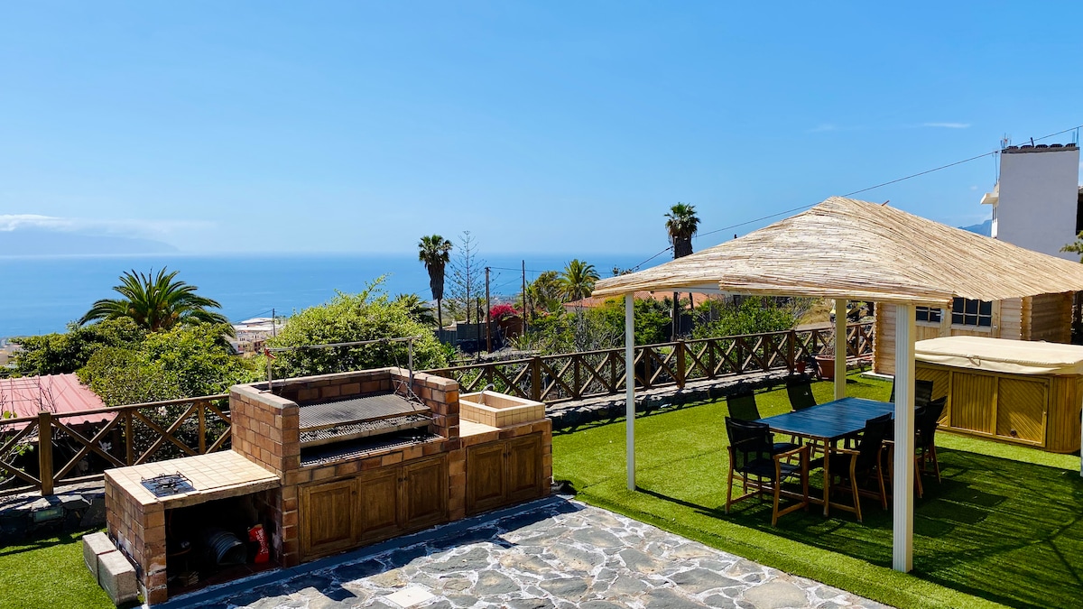 An outdoor space features a large grill area with a wooden countertop and an adjacent dining table under a thatched roof. Surrounding greenery enhances the serene atmosphere, while the ocean view adds a backdrop of natural beauty.