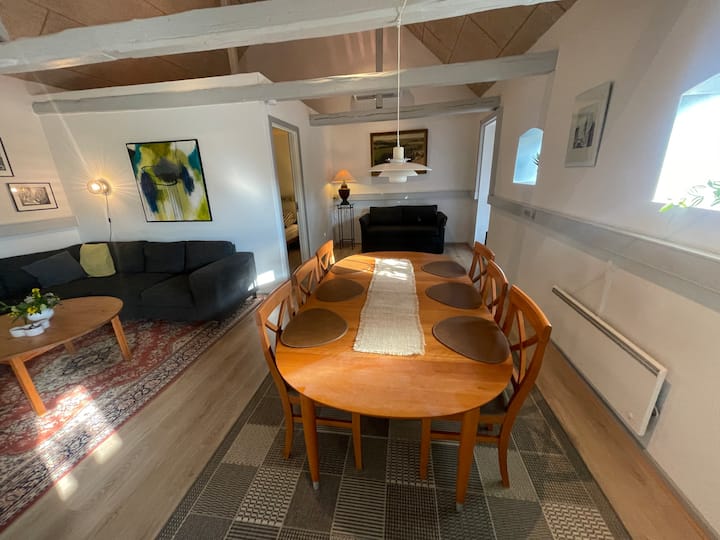 Fungua sebule yenye kundi la sofa, televisheni iliyo na Chromecast na kitanda cha sofa