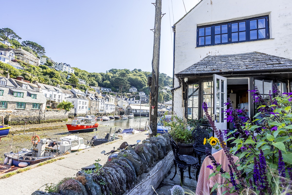 A view of the quaint harbour is captured, showing colorful boats docked along the water. The foreground features a stone pathway lined with vibrant flowers and seating, while the charming cottage stands nearby, overlooking the serene landscape.