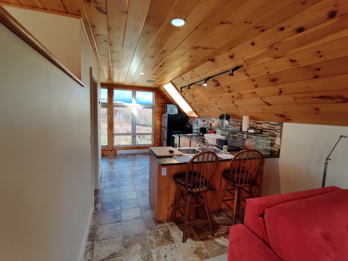 A bright studio kitchen area features a rustic wooden ceiling and tile flooring. The kitchen island with two high stools contrasts with the red loveseat nearby. Large windows provide natural light and a view of the surrounding landscape, enhancing the open feel of the space.