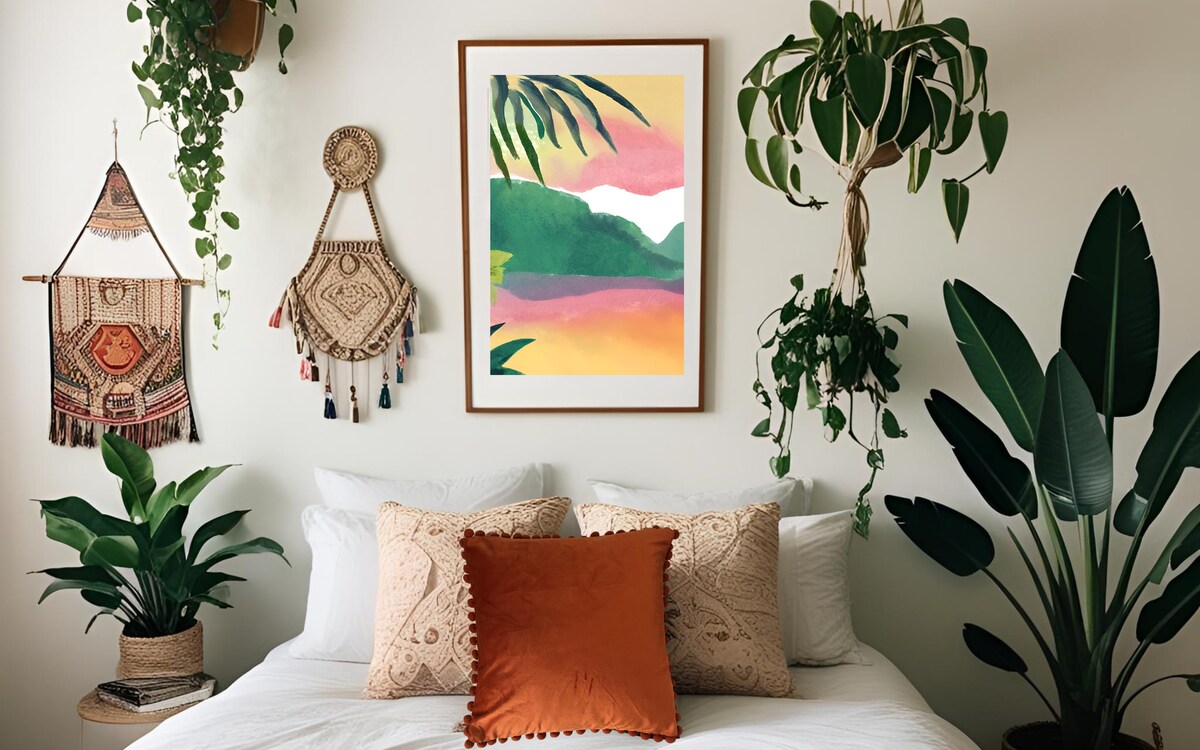A restful sleeping area features a spacious bed adorned with textured pillows in soft tones. Live plants frame the scene, while wall art depicting colorful landscapes adds visual interest. Macramé hangings are displayed alongside greenery, creating a harmonious and inviting environment.