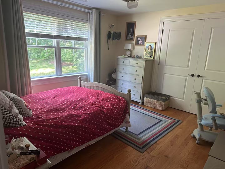 חדר אורחים עם מיטת זוגית, בסגנון בנים עם שולחן עבודה