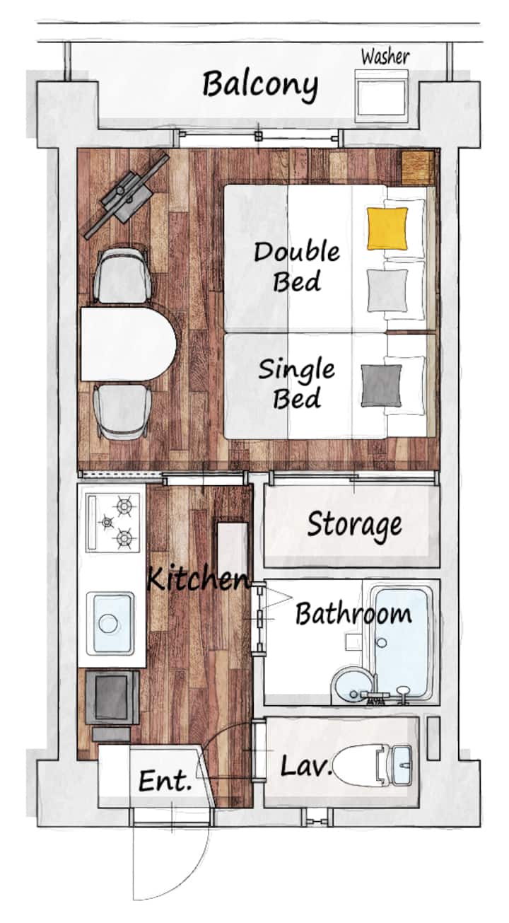 3 Min To Okaido｜1k Apt 23㎡｜double + Single｜3guests - 마쓰야마시