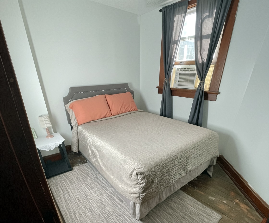 غرفة النوم جذابة وصغيرة الحجم، وتضم سريرًا كاملًا/مزدوجًا، ومروحة خفيفة وسقف، ووحدة تكييف (خلال الطقس الأكثر دفئًا)، وستائر، وخزانة ملابس.