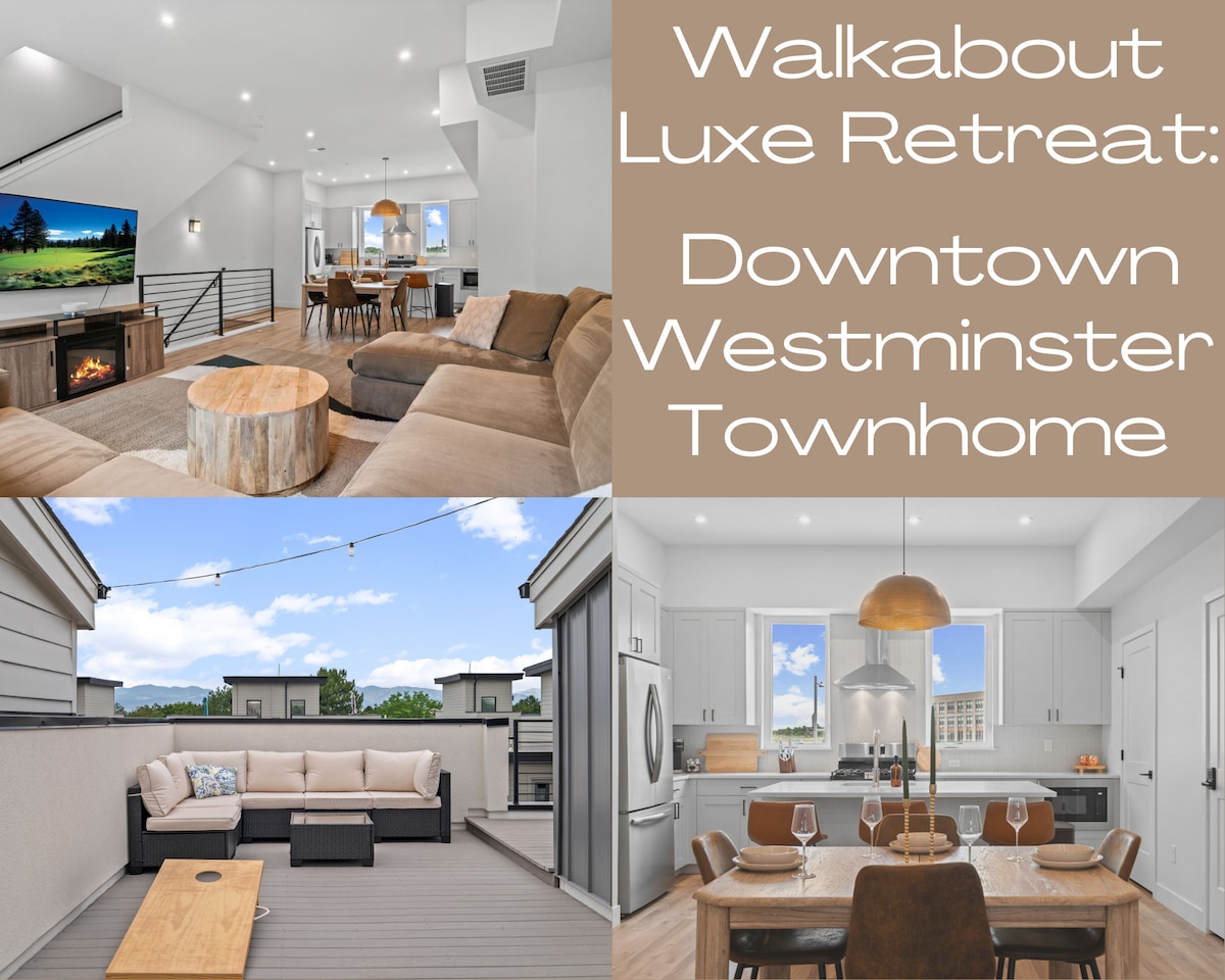 The spacious living area features a large sectional sofa arranged around a natural wood coffee table. A decorative fireplace adds a cozy touch, while large windows allow natural light to fill the space. A dining area is visible, furnished with a modern dining table and chairs.
