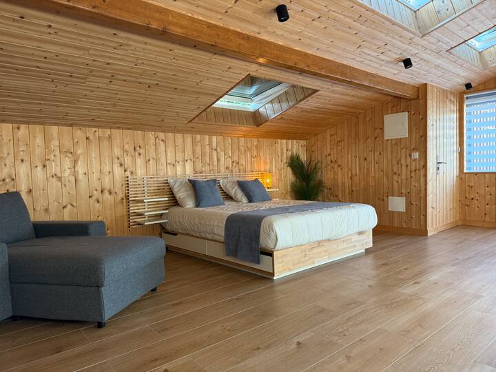 chambre en rez de terrasse, donnant sur patio, salle de douche et toilettes privatives