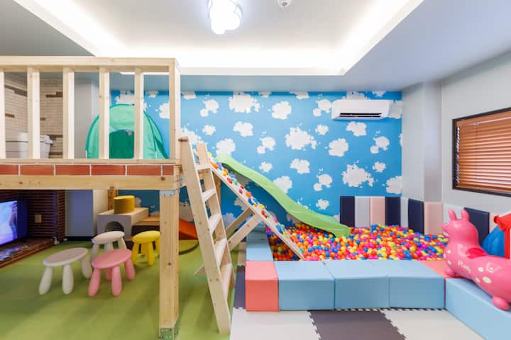 Perfect for families! There is a slide and ball pool! Kids will