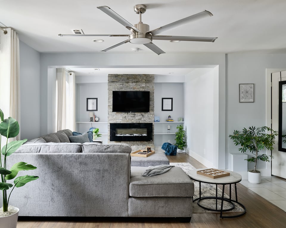 Modern bright living room with open-plan kitchen, Charlotte NC vacation rental